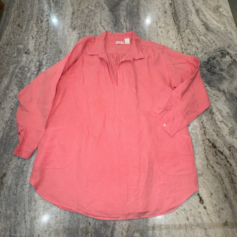 Tizzie Linen Blend Pink Tunic Top Lagenlook Boho Long Sleeves Women's Sz Large
